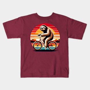 Sloth rides a bike at sunset Kids T-Shirt